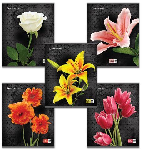 Тетрадь 48л. клетка, BRAUBERG  блестки Цветы