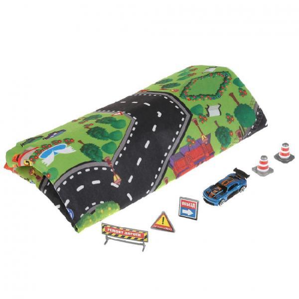 Коврик игровой"технопарк"с 1-й метал.машинкой 7,5см,с дорож.знаками.