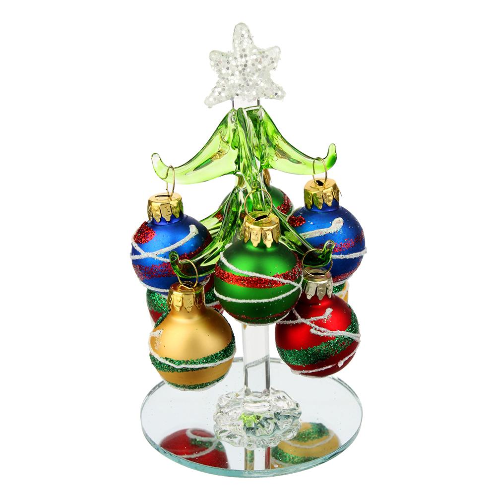 Ёлка сувенирная Сноу-бум стекло,12 см, 8 шариков подвесок с рисунком